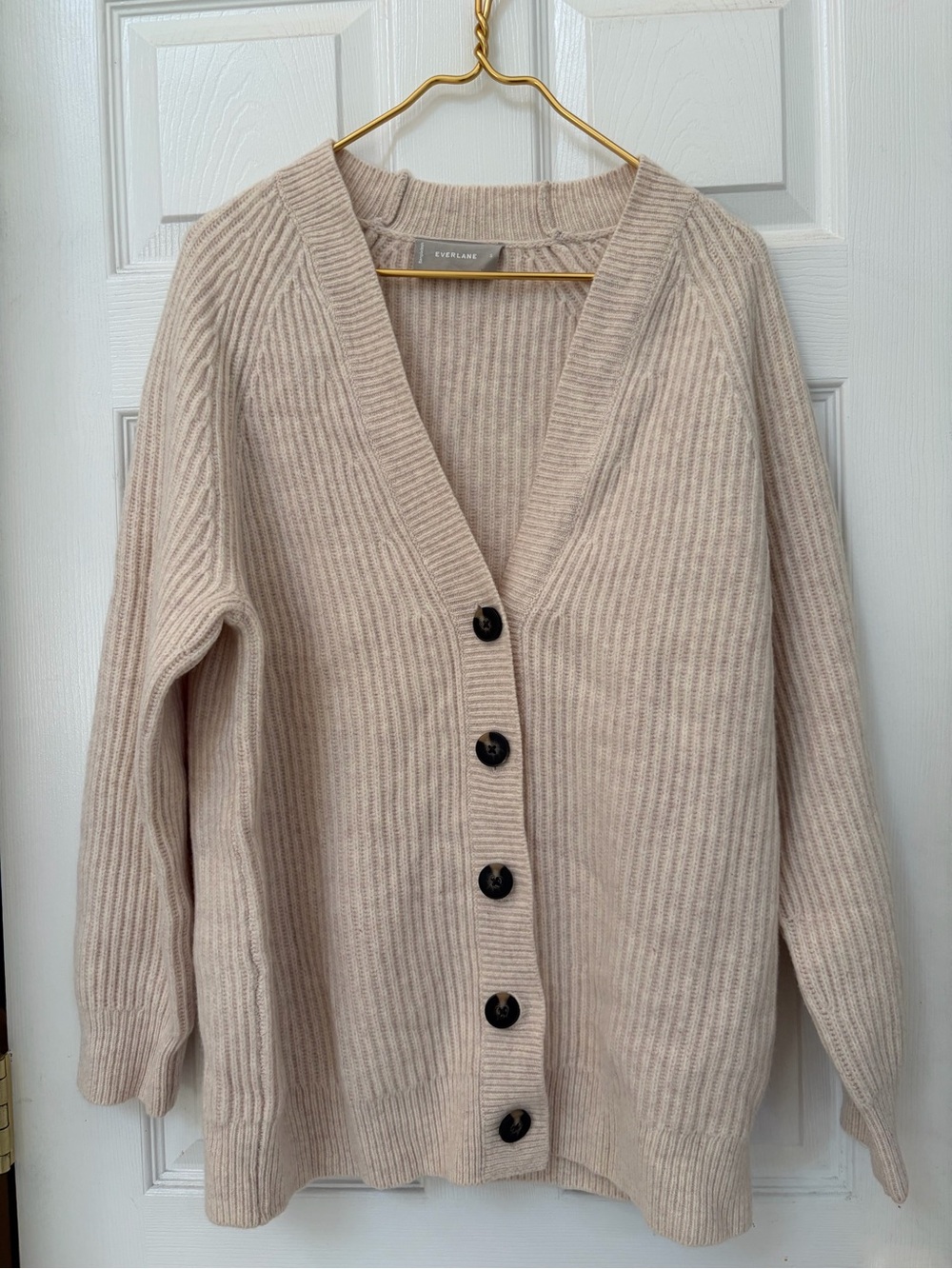 Everlane Beige Ribbed V-Neck Button Front Cardigan